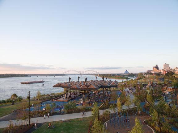 Drone view of Tom Lee Park downtown along the Mississippi River