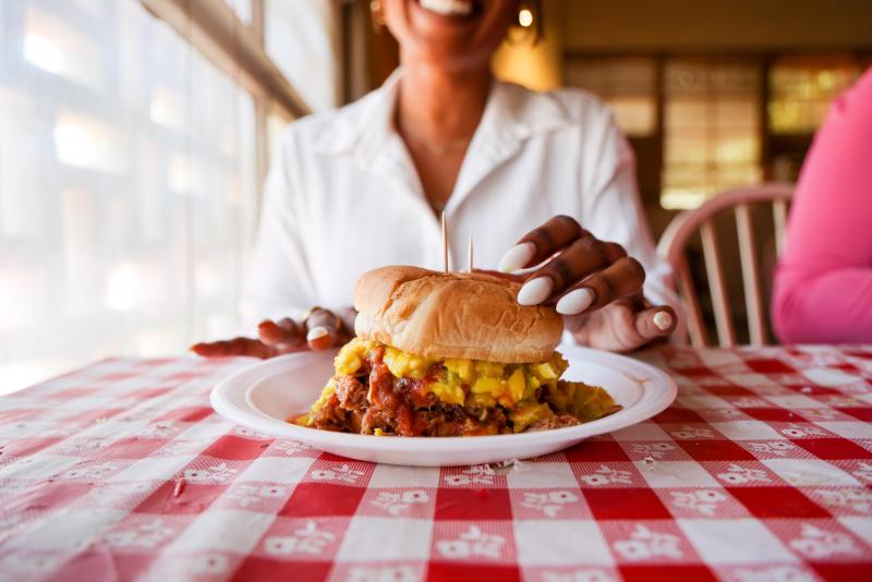 A close-up shot of a pulled pork sandwich at Payne's Bar-B-Q in Memphis