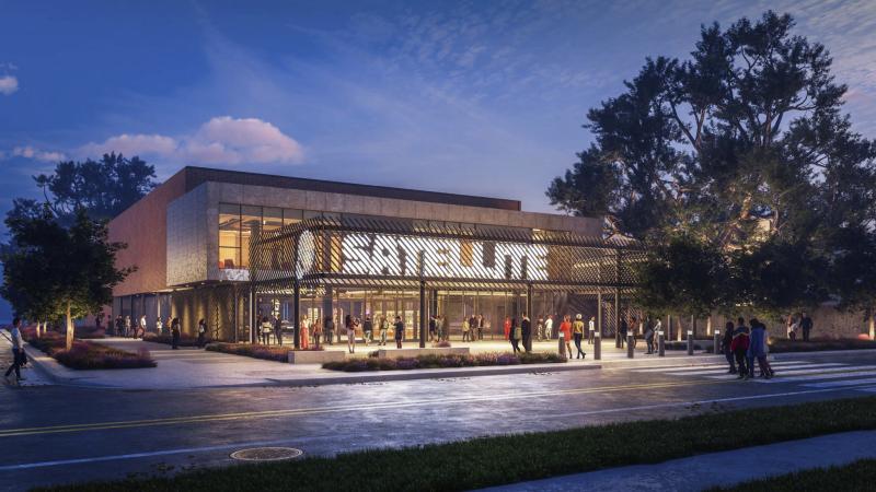 rendering of Satellite Music Hall exterior at night