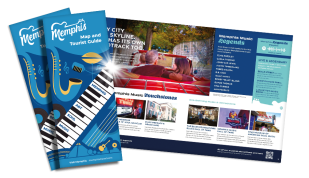 A preview of the 2026 Memphis Map &amp; Tourist Guide, showing the cover and one inside spread on Memphis music legends.