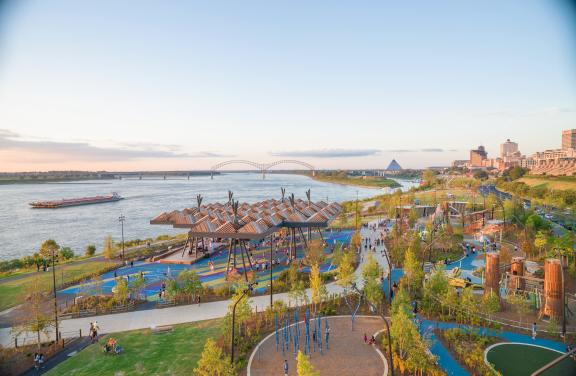 Aerial view of Tom Lee Park, the Mississippi River and the downtown Memphis skyline.